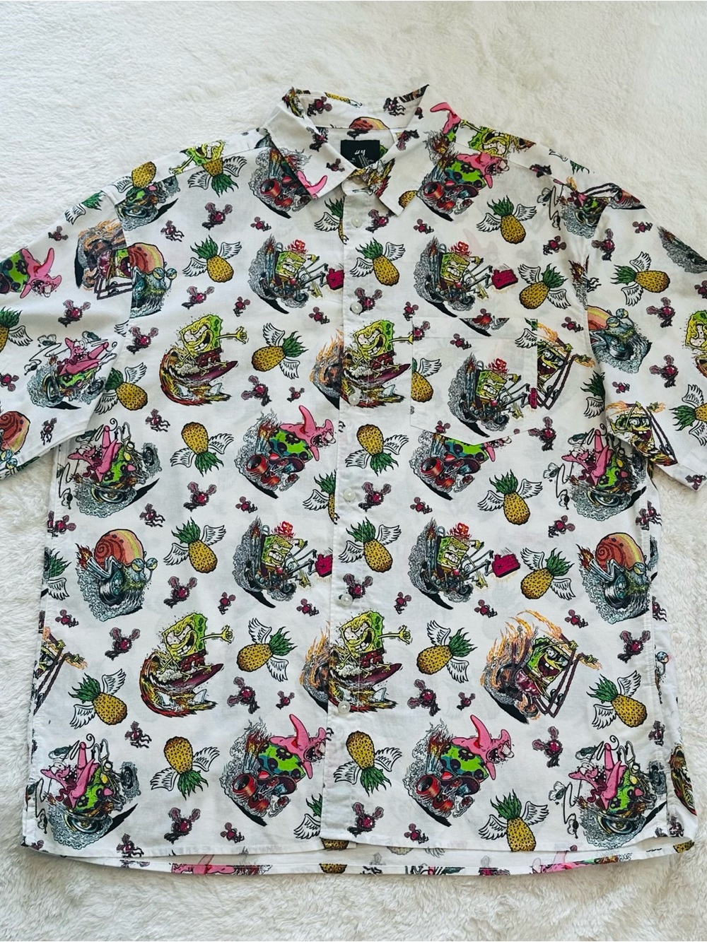 H&M x SpongeBob SquarePants Shirt Mens M White Trippy Tattoo All Over Print